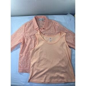 MS Studio Works Petite Peach Floral Button Down Shirt Tank Top Set Women Size PL
